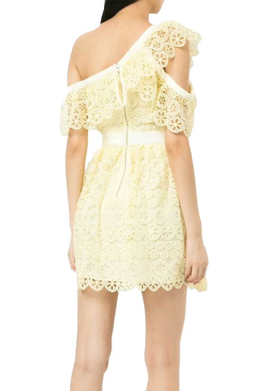 Yellow One Shoulder Circle Geometric Lace Mini Dress